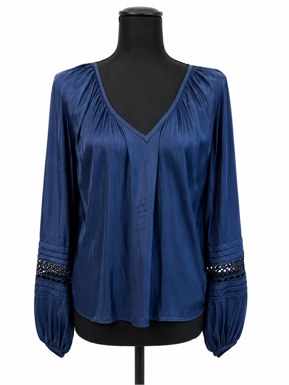 Nwt Ramy Brook Navy V Neck Top With Long Balloon Sleeves